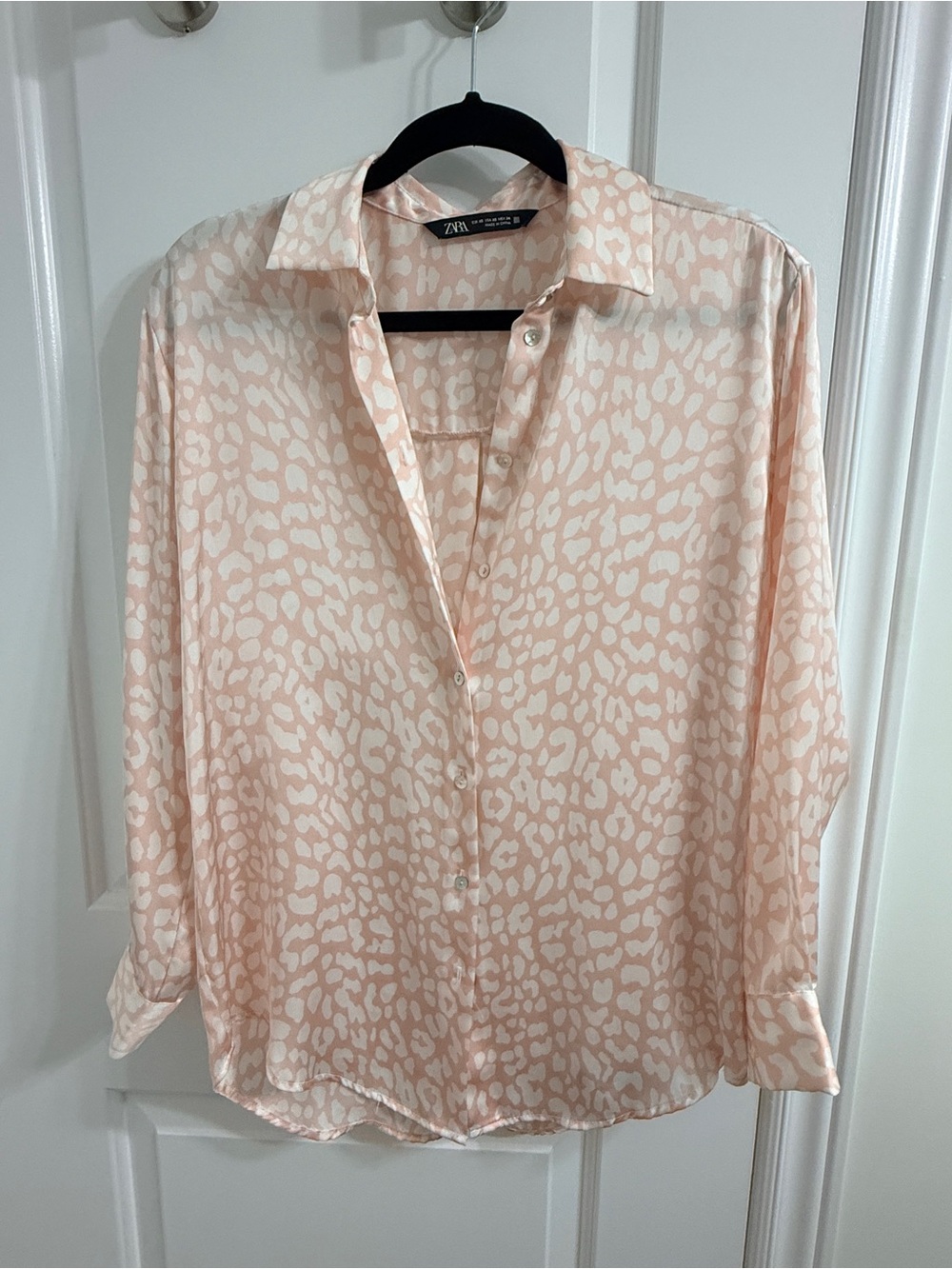 Zara Pale Pink Animal-Print Satin Button Down Shirt